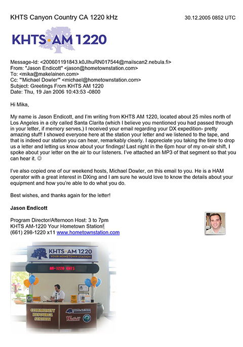 Mika's QSL from KHTS 1220 AM