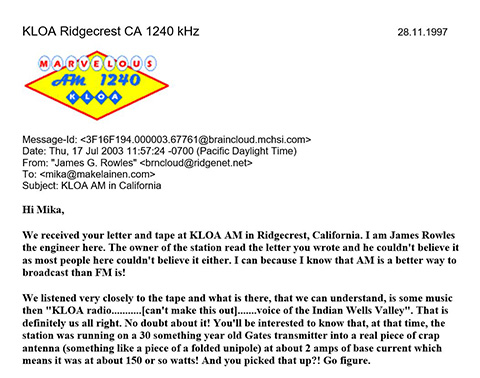 Mka's QSL from KLOA 1240 AM